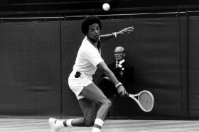 Arthur Ashe for action en route to beating other United states Jimmy Connors, 1975